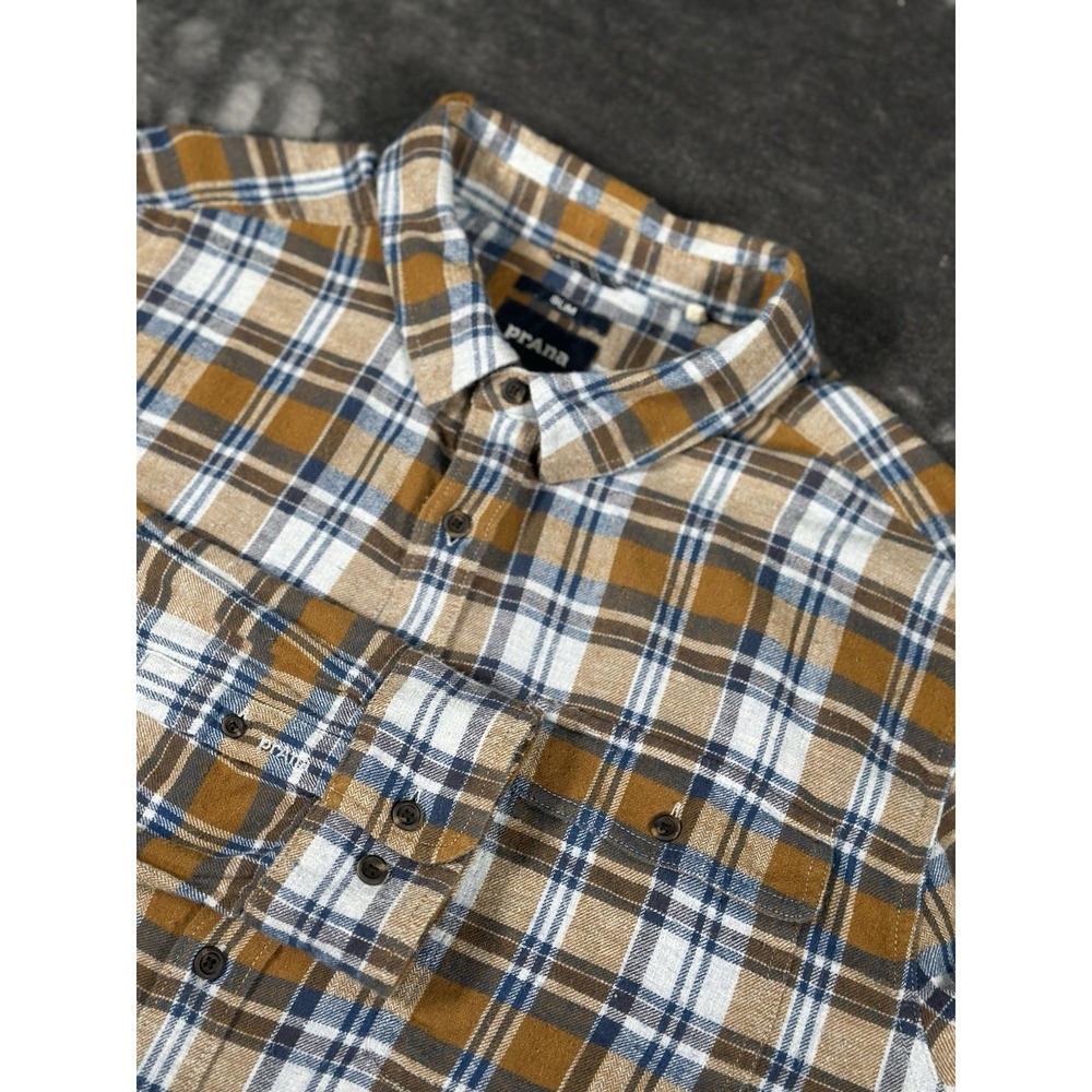 Prana Men's Flannel  Slim Fit Shirt MENS LARGE Organic Cotton Blue/Brown plaid